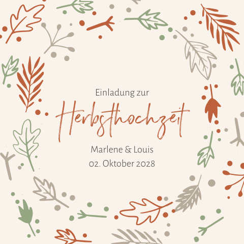 Herbstliche Hochzeitseinladung in beige mit Timeline und Blättern