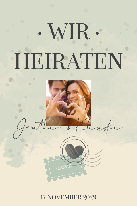 Hochzeitskarte mit Herzstempel und Love Briefmarke