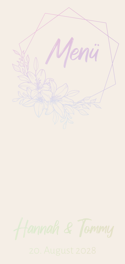 Menükarte zur Hochzeit in beige mit geometrischen Rahmen und Blumen