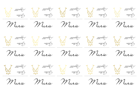 Aufstellbare Namenskarte "Guten Appetit" zur Hochzeit mit Sektglas in gold