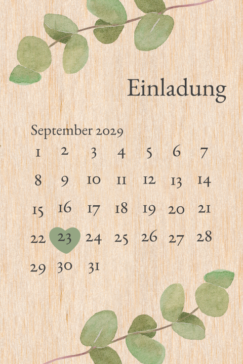 Hochzeitseinladung aus Echtholz mit Eukalyptus und Kalenderblatt