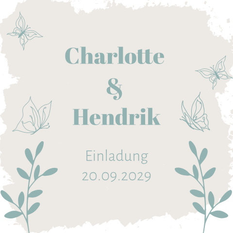 Hochzeitseinladung in beige und weiß mit Schmetterlingen in blau