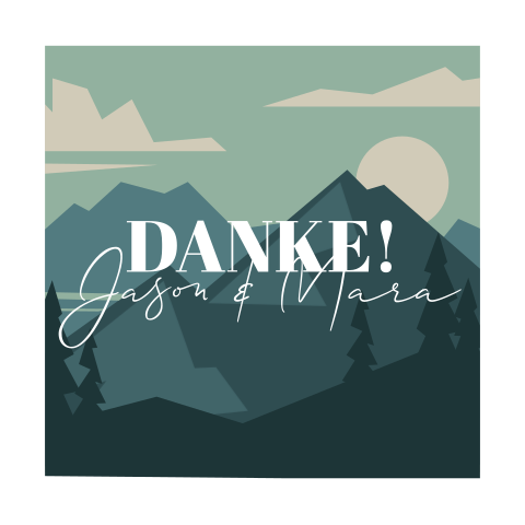 Quadratische Danksagungskarte in blau mit Bergen und weißem Rahmen