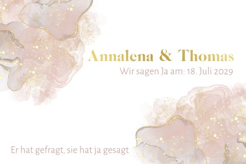 Veredelte Hochzeitseinladung mit Marmor-Aquarellen in rosa und gold
