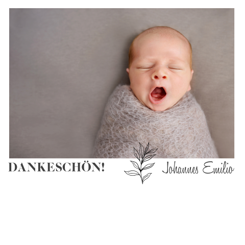 Quadratische Dankeskarte zur Geburt im neutralen Design mit Foto