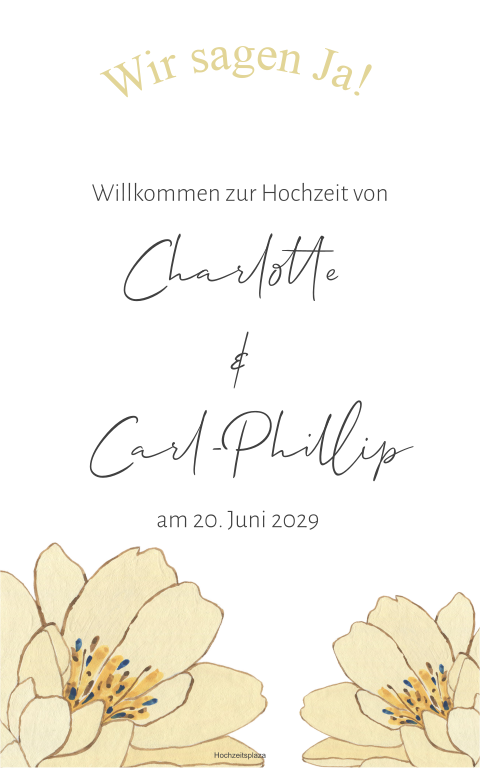Willkommensschild zur Hochzeit mit gelber Blüte und Schriftzug