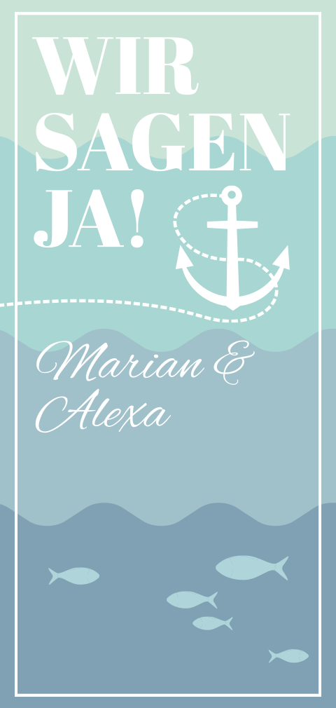 Maritime Hochzeitskarte mit Anker, Fischen und Wellen in blau