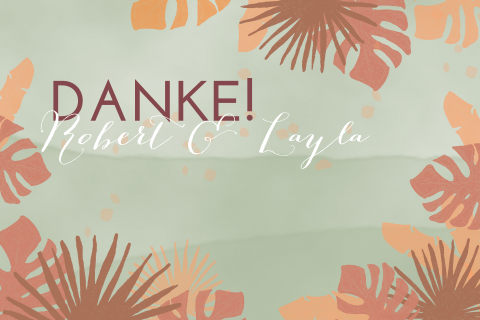 Dankeskarte mit Palmenblätter und Monstera in Rottönen