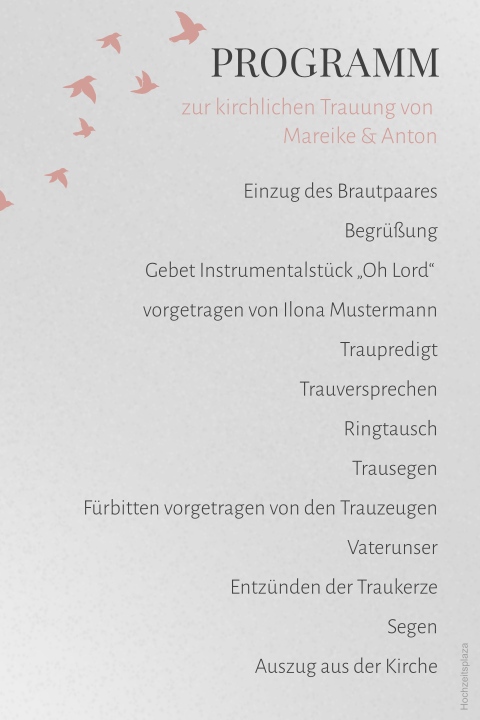 Transparentes Kirchenheft zur Hochzeit mit Tauben in altrosa