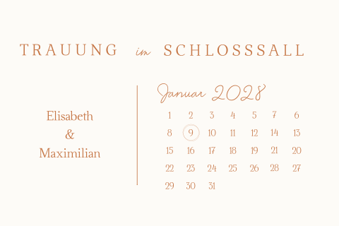 Moderne Einladung zur Hochzeit in beige mit Kupferschrift und Kalenderblatt