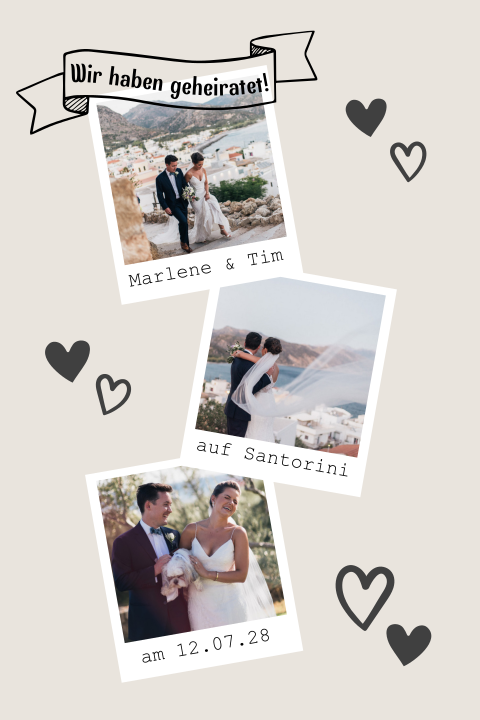 Wir haben geheiratet Karte in beige mit Banner, Sofortbilder + Herzen