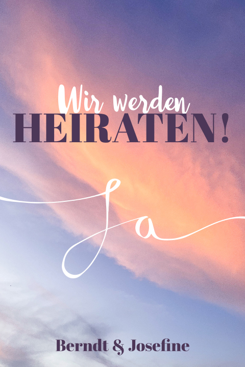 Hochzeitseinladung mit Wolken Motiv und Schriftzug in lila und rosa