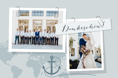 Maritime Dankeskarte zur Hochzeit mit Weltkarte, Fotos + Anker in blau