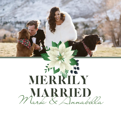 Dankeskarte zur Hochzeit mit weißem Weihnachtsstern und Foto