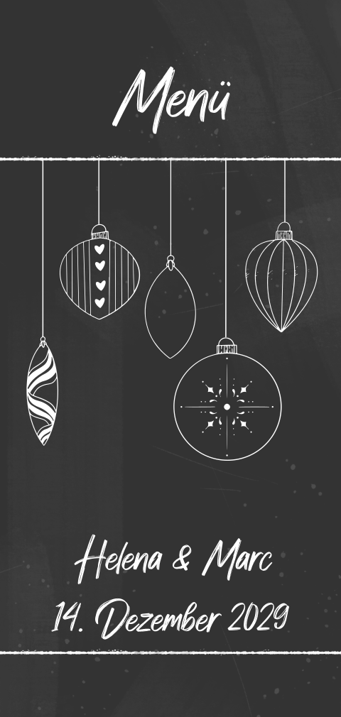 Menükarte im Schiefertafel-Look mit Christbaumkugeln in weiß