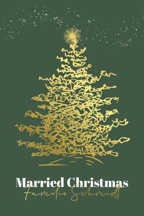Grüne Dankeskarte zur Hochzeit mit goldenem Christbaum und Sternen