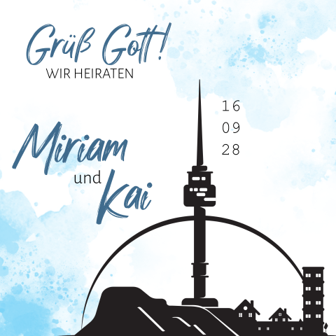 Hochzeitseinladung mit Stuttgart Skyline in blauem und weißem Aquarell