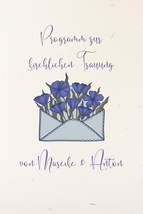 Kirchenheft zur Hochzeit aus Recyclingpapier mit Brief und lila Blumen