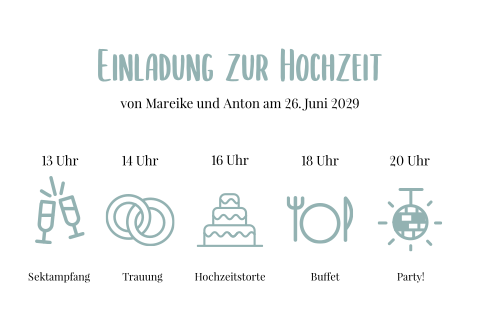 Moderne, weiße Hochzeitseinladung mit Timeline und Icons in blau