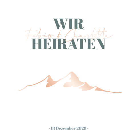 Quadratische Hochzeitskarte mit Bergen und Roségoldfolierung