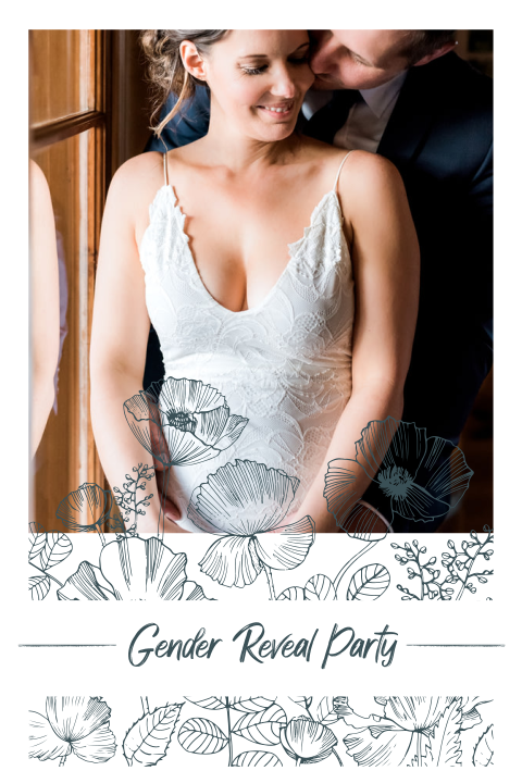 Florale Gender Reveal Party Einladung mit Line Art Blumen und Foto