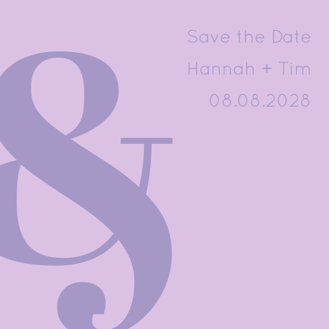 Quadratische extravagante Save the Date Karte in lila mit &-Zeichen