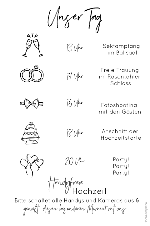 Modernes Einlegeblatt zur Hochzeit mit Programm und Icons in schwarz