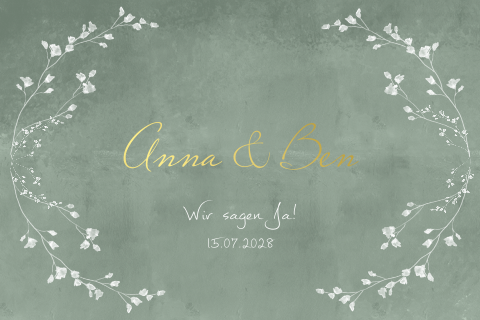 Rustikale Einladung in grün mit feinen Blumen und Goldfolierung