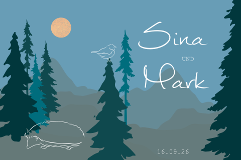 Hochzeitskarte als Klappkarte mit Wald, Tieren und Bergpanorama