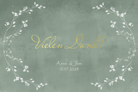 Grüne Danksagungskarte mit zarten Blumenranken in weiß