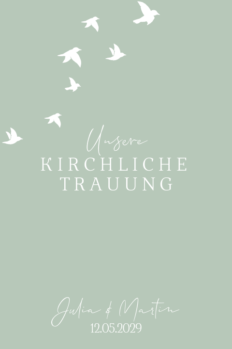 Schlichte modernes Kirchenheft zur Hochzeit in grün mit weißen Tauben