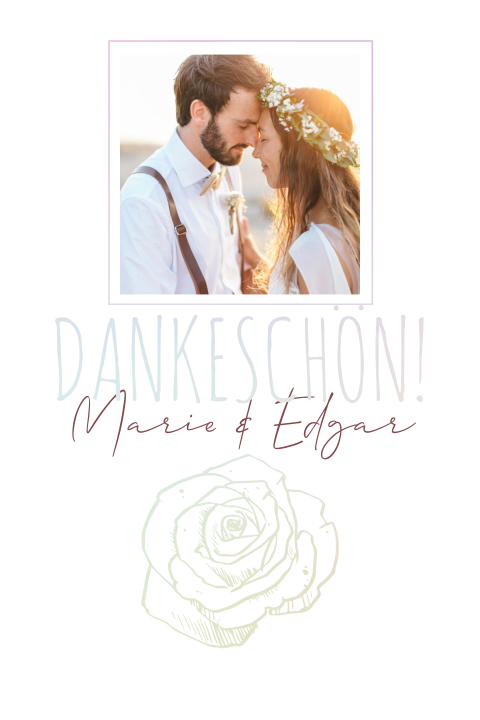 Dankeskarte mit Rosen, gerahmten Foto und holografischer Folierung
