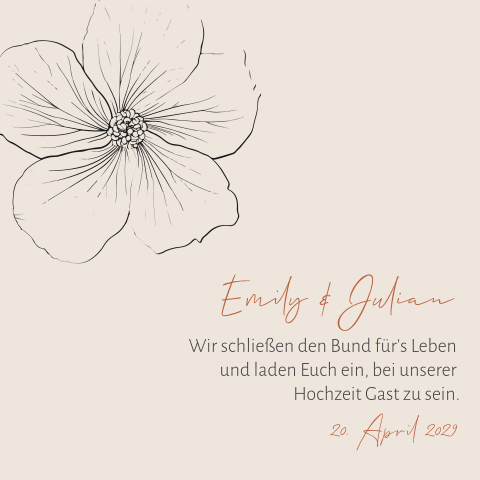Florale Hochzeitseinladung in beige mit Hibiskus in Line Art