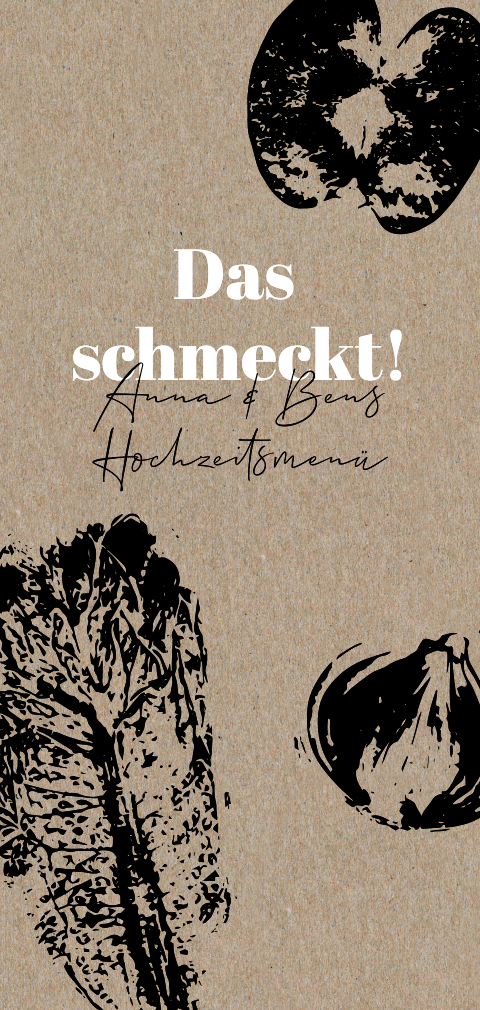 Ausgefallene Menükarte zur Hochzeit aus Kraftpapier mit Stempeldruck