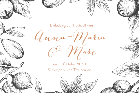 Herbstliche Hochzeitskarte in schwarz weiß mit Kupferveredelung