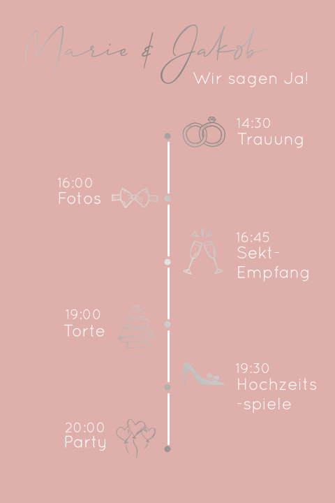 Moderne Hochzeitskarte in rosa mit Timeline und Icons in silber