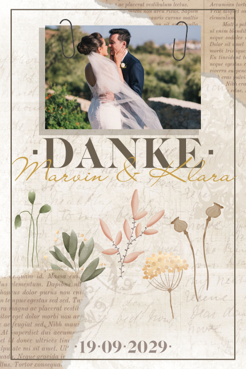 Rustikale Vintage Danksagung mit Blumen und Zeitungsausschnitt