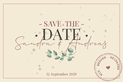 Vintage Save the Date Karte in beige mit Stempel und Greenery Zweig
