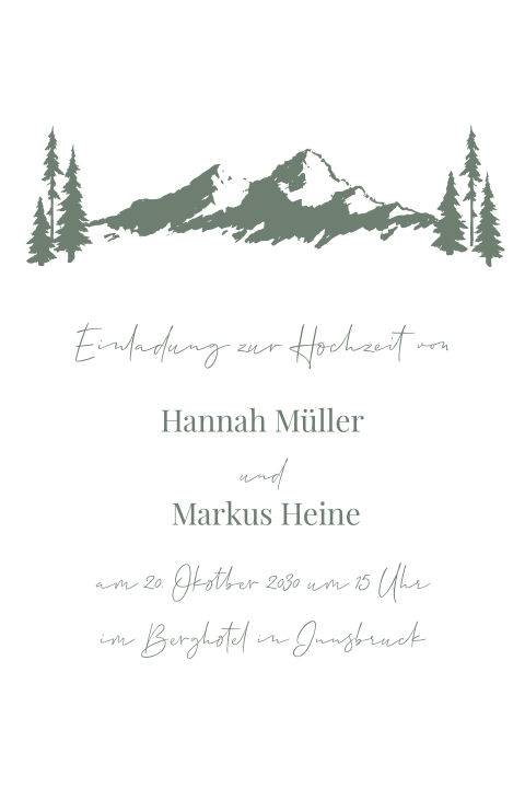 Hochzeitskarte Berge und Tannen in grün mit Timeline