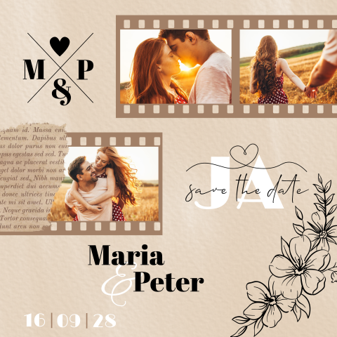 Vintage Save the Date Karte mit Filmrahmen und Line Art Elementen