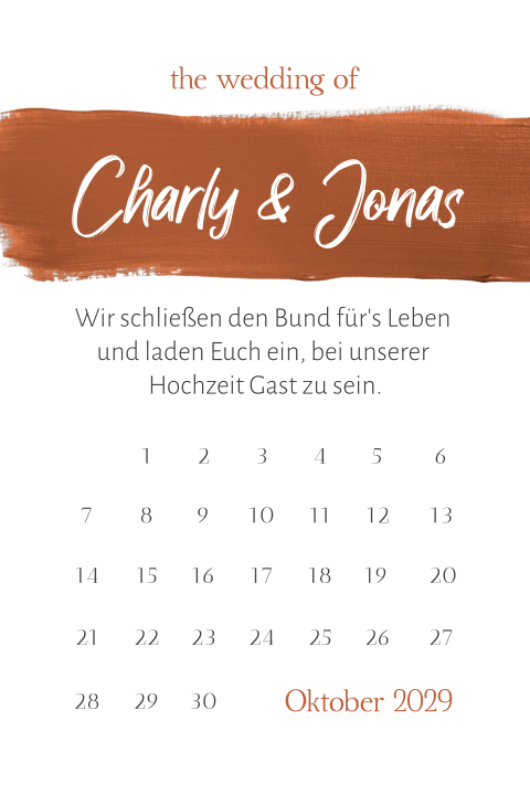 Hochzeitseinladung mit Pinselstrich, Timeline, Icons und Kalenderblatt