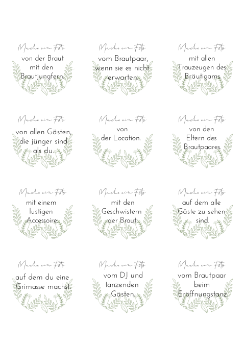 Fotoaufgaben für die Hochzeitsgäste Greenery in rund