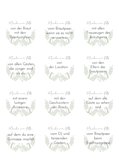 Fotoaufgaben für die Hochzeitsgäste Greenery in rund