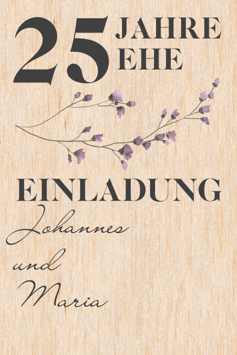 Jubiläumskarte für die Silberhochzeit auf Echtholz mit lila Blüten