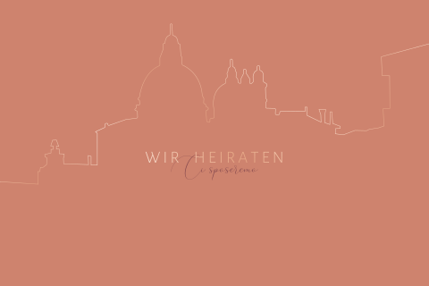 Terrakotta Hochzeitseinladung mit Venedig Skyline in Roségoldfolie
