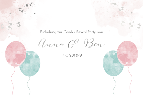 Einladung zum Gender Reveal mit bunten Ballons und Silberfolie