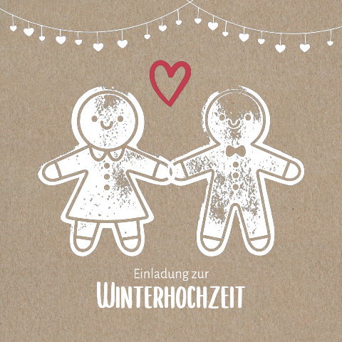 Originelle Hochzeitseinladung aus Kraftpapier mit Lebkuchenpaar und ❤️