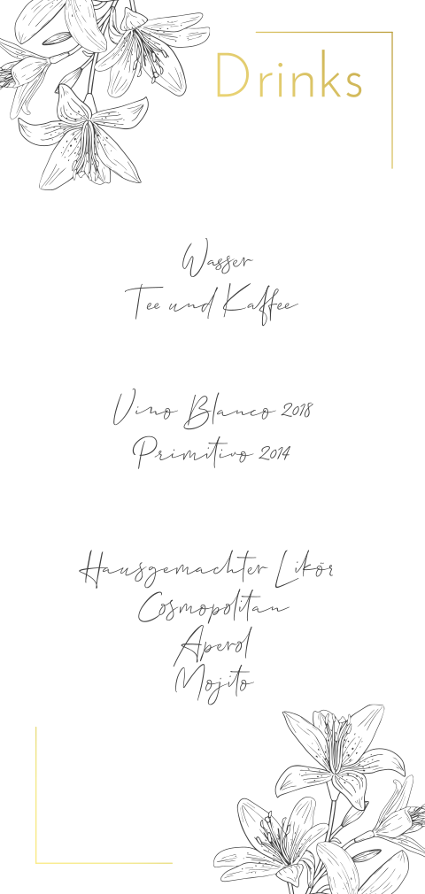 Elegante Getränkekarte mit Line Art Blumen in schwarz und Goldfolie