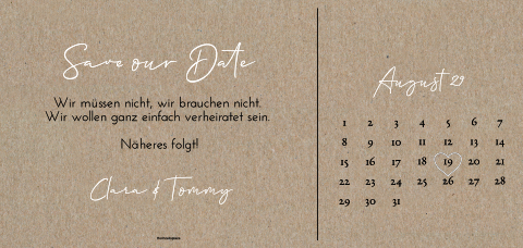 Schlichte Save the Date Karte aus Kraftpapier mit Kalender