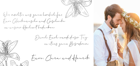 Einseitige Dankeskarte zur Hochzeit mit schwarzen Line Art Lilien